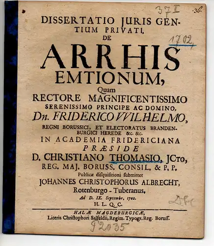 Albrecht, Johann Christoph: aus Rothenburg, Tauber: Juristische Dissertation. De arrhis emtionum. 