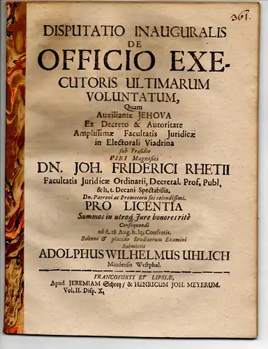 Uhlich, Adolph Wilhelm: aus Minden: Juristische Inaugural-Disputation. De officio executoris ultimarum voluntatum. 