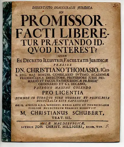 Schubert, Christian: aus Breslau: Juristische Inaugural-Dissertation. An promissor facti liberetur praestando id, quod interest?. 