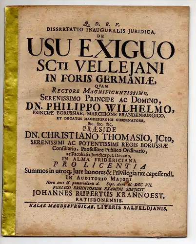 Krannoest, Johannes Rupert: aus Regensburg: Juristische Inaugural-Dissertation. De usu exiguo SCti Velleiani in foris Germaniae. 