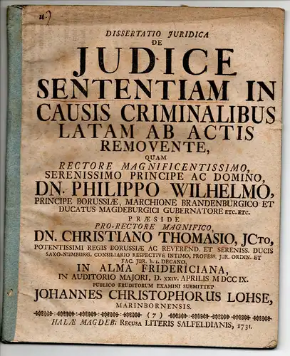 Lohse, Johann Christoph: Juristische Dissertation. De iudice sententiam in causis criminalibus latam ab actis removente. 