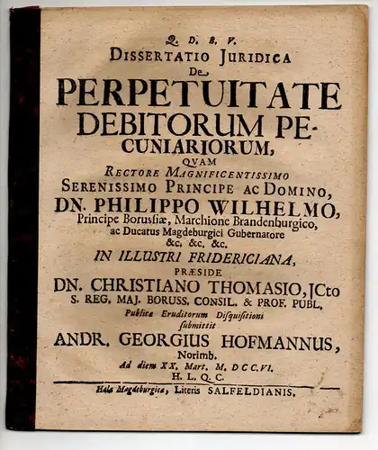 Hofmann, Andreas Georg: aus Nürnberg: Juristische Dissertation. De perpetuitate debitorum pecuniariorum. 