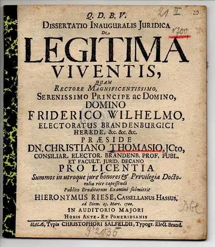 Riese, Hieronymus: aus Kassel: Juristische Inaugural-Dissertation. De legitima viventis. 