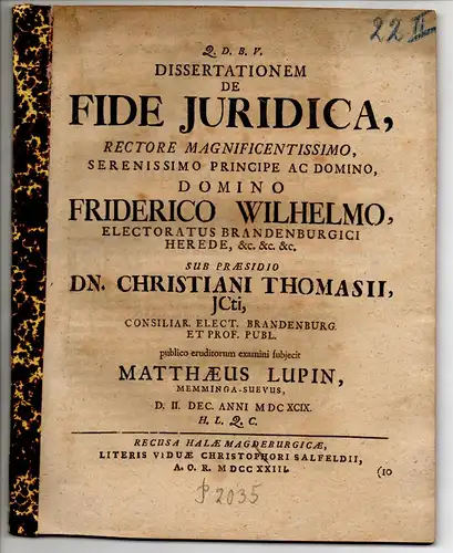 Lupin, Matthäus: aus Memmingen: Juristische Dissertation. De fide iuridica. 