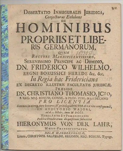 Lahr, Hieronymus von der: aus Frankfurt, Main: Juristische Inaugural-Dissertation. De hominibus propriis et liberis Germanorum. 