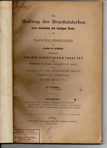 Casso, L: Die Haftung des Benefizialerben nach römischem und heutigem Recht. Dissertation. 