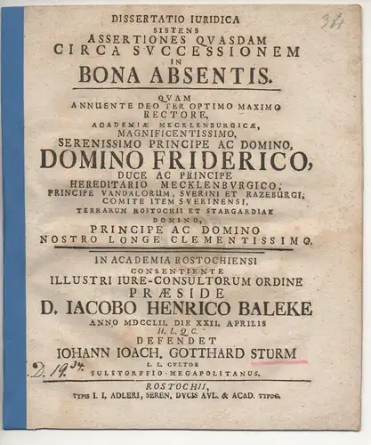 Sturm, Johann Joachim Gotthard: aus Sülstorf: Juristische Dissertation. Assertiones quasdam circa successionem in bona absentis. 