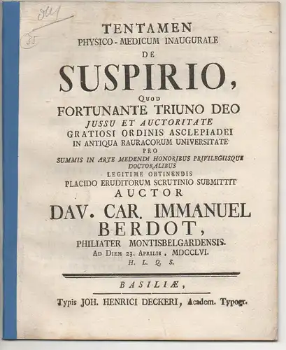 Berdot, David Carl Immanuel: Medizinische Disputation. De suspirio. 