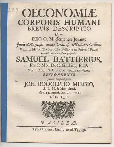 Mieg, Johann Rudolph: Medizinische Disputation. Oeconomiae corporis humani brevis descriptio. 
