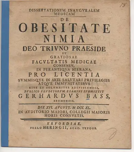 Bass, Gerhard: aus Bremen: Medizinische Inaugural-Dissertation. De obesitate nimia. 