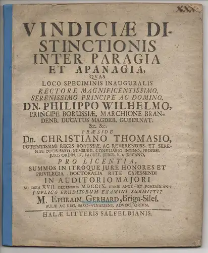 Gerhard, Ephraim: aus Brieg: Juristische Disputation. Vindiciae distinctionis inter paragia et apanagia. 