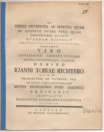 Packbusch, Friedrich Wilhelm: De Tiberii Prudentia ac iustita quam ab Augusto patre iure quasi hereditario accepit. Gratulationsschrift für Johann Tobias Richter. 