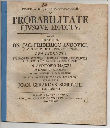 Schlitte, Johann Gerhard: aus Halberstadt: Juristische Inaugural-Dissertation. De probabilitate eiusque effectu. 