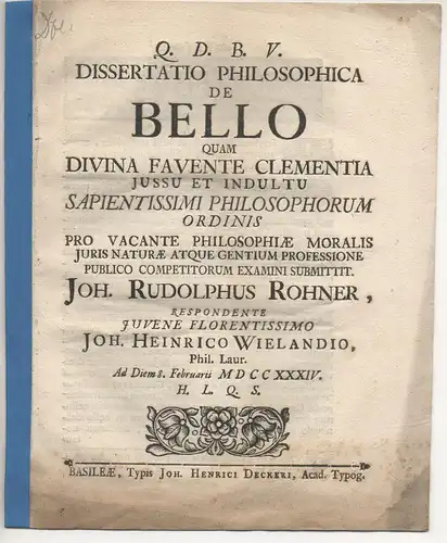 Wieland, Johann Heinrich: Philosophische Dissertation. De bello. 