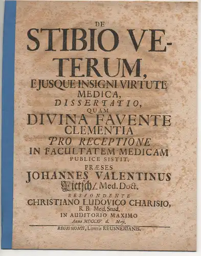 Charisius, Christian Ludwig: Medizinische Dissertation. De stibio veterum. 