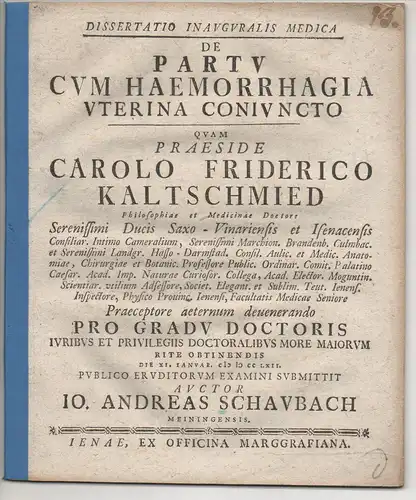 Schaubach, Johann Andreas: aus Meiningen: Medizinische Inaugural-Dissertation. De partu cum haemorrhagia uterina coniuncto. 