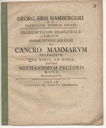 Hamberger, Georg Erhard: Quo simul ad dubia contra mechanismum pectoris mota (3. Teil). Promotionsankündigung von Johann Christian Schaedel aus Breslau. 