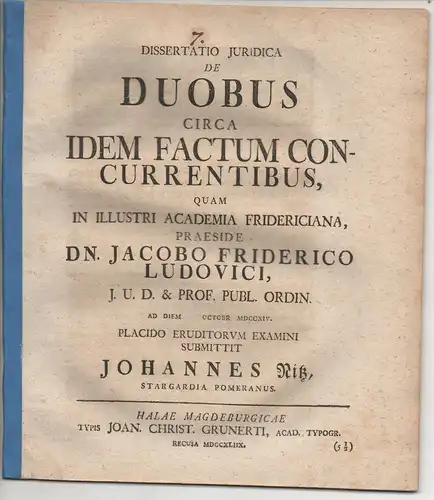 Nitz, Johann: aus Stargard: Juristische Dissertation. De duobus circa idem factum concurrentibus. 