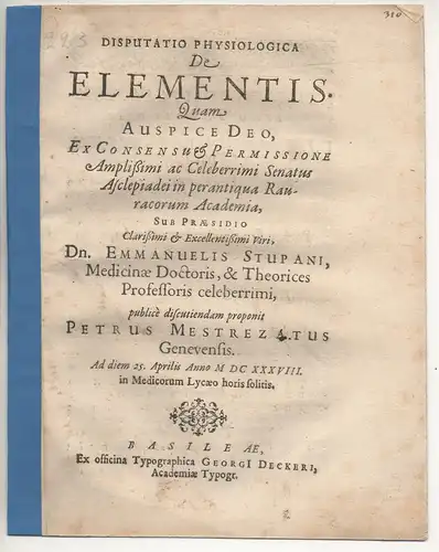 Mestrezatus, Petrus: aus Genf: Disputatio physiologica de elementis. 