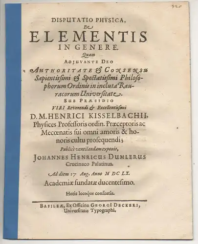 Dumler, Johann Heinrich: aus Kreuznach: Disputatio physica de elementis in genere. 
