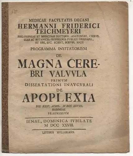 Teichmeyer, Hermann Friedrich: De magia cerebri valvula. Promotionsankündigung von Immanuel Eggert aus Elbing/Preußen. 