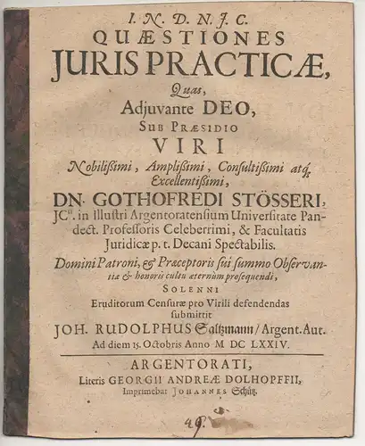 Saltzmann, Johann Rudolph: Juristische Disputation. Quaestiones iuris practicae. 