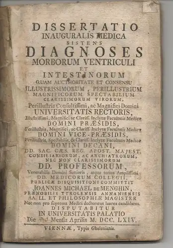 Menghin, Johannes Michael von: Medizinische Inaugural-Dissertation. Diagnoses morborum ventriculi et intestinorum. 