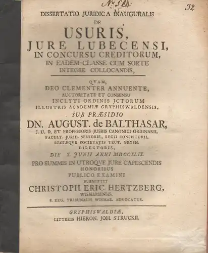 Hertzberg, Christoph Erich: aus Wismar: Juristische Inaugural-Dissertation. De usuris iure Lubecensi, in concursu creditorum in eadem classe cum sorte integre collocandis. 