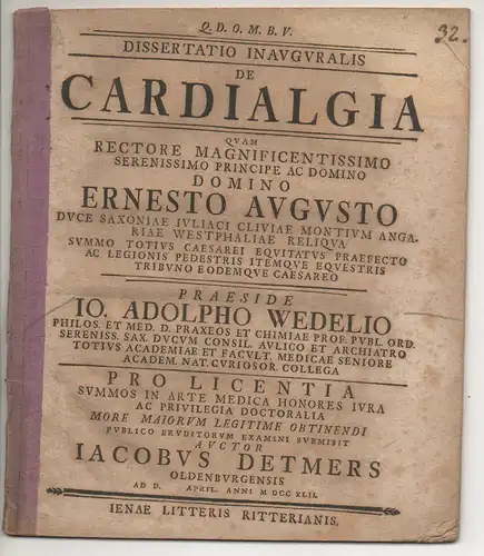 Detmers, Jakob: aus Oldenburg: Medizinische Inaugural-Dissertation. De cardialgia. 