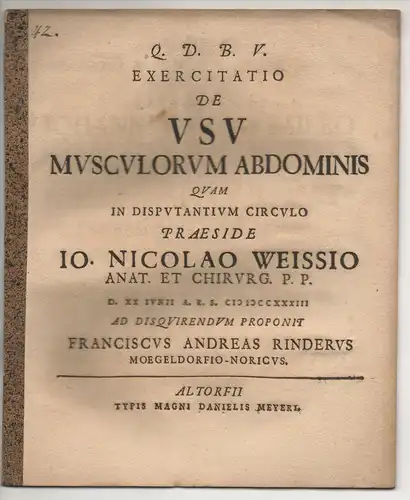 Rinder, Franz Andreas: aus Mögeldorf/Nürnberg: Exercitatio de usu musculorum abdominis. 