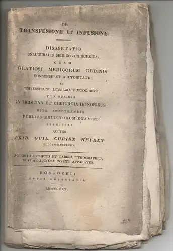 Heyken, Friedrich Wilhelm Christian: De transfusione et infusione. Dissertation. 