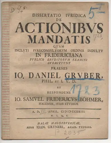Böhmer, Johann Samuel Friedrich: Halle/Saale: Juristische Dissertation. De actionibus mandatis. 
