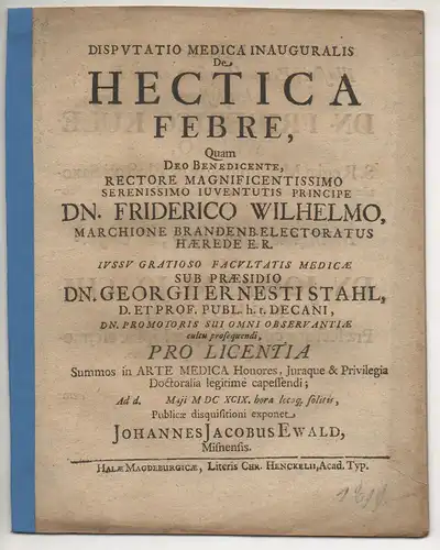 Ewald, Johann Jacob: aus Meißen: Medizinische Inaugural-Disputation. De hectica febre. 