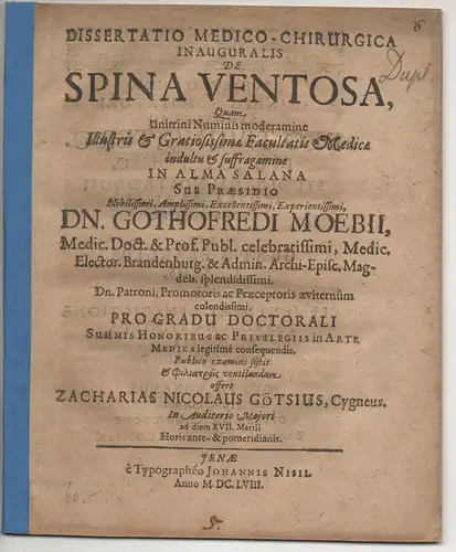 Götze, Zacharias Nicolaus: aus Zwickau: Medizinische Dissertation. De spina ventosa. 