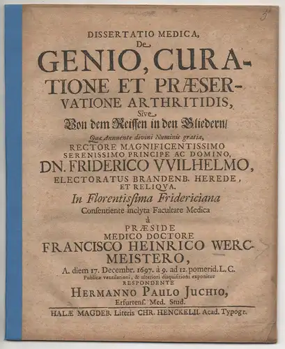 Juch, Hermann Paul: aus Erfurt: Medizinische Dissertation. De genio, curatione et praeservatione arthritidis, Sive von dem Reissen in den Gliedern. 