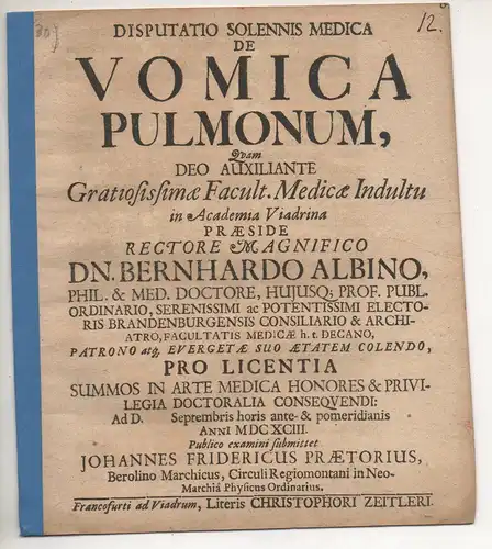 Praetorius, Johann Friedrich: aus Berlin: Medizinische Disputation. De vomica pulmonum. 
