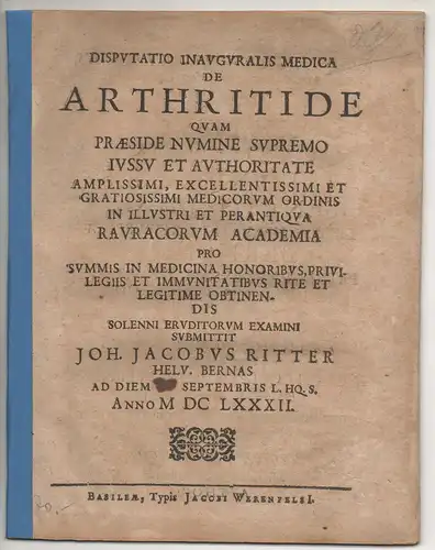 Ritter, Johann Jakob: aus Bern: Medizinische Inaugural-Disputation. De arthritide. 