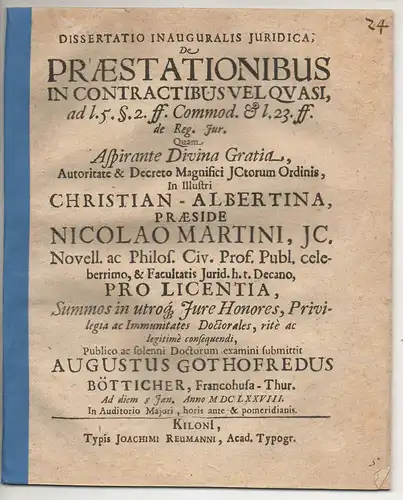 Bötticher, August Gottfried: aus Frankenhausen: Juristische Inaugural-Dissertation. De praestationibus in contractibus vel quasi, ad l. 5. §. 2. ff. commod. et l. 23 ff. de reg. Iur. 