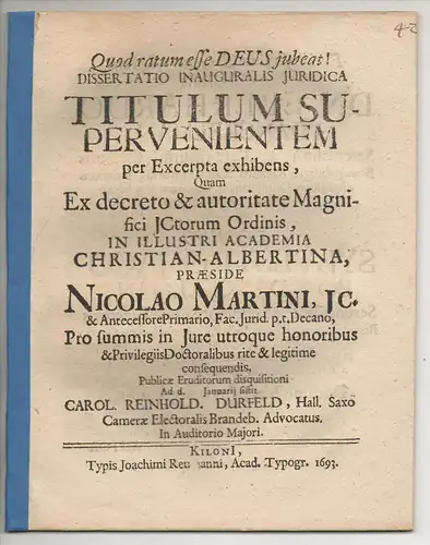 Durfeld, Karl Reinhold: aus Halle: Juristische Inaugural-Dissertation. Titulum supervenientem per excepta exhibens. 