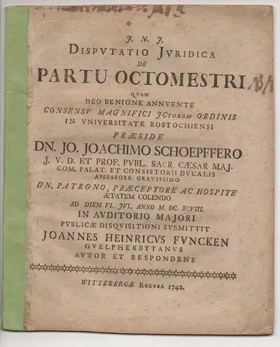 Funcke, Johannes Heinrich: aus Wolfenbüttel: Juristische Disputation. De partu octomestri. 