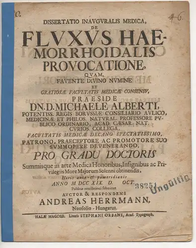 Herrmann, Andreas: aus Neusohl/Ungarn: Medizinische Inaugural-Dissertation. De fluxus haemorrhoidalis provocatione. 