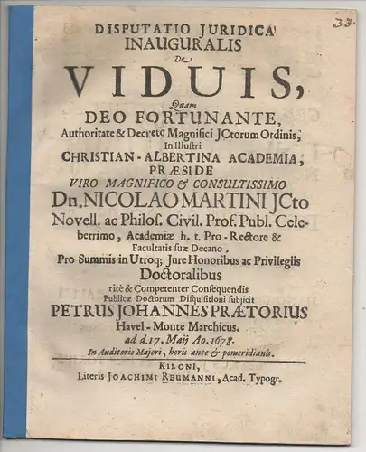Praetorius, Peter Johann: aus Havelberg: Juristische Inaugural-Disputation. De viduis. 