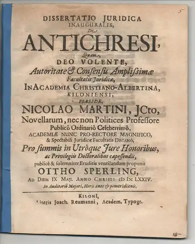 Sperling, Otto: Juristische Inaugural-Dissertation. De antichresi. 