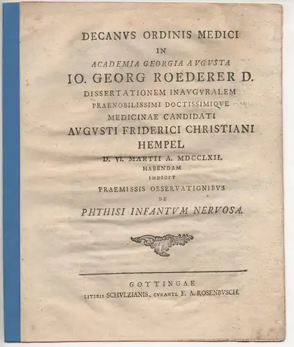 Röderer, Johann Georg: De phthisi infantum nervosa. Promotionsakündigung von August Friedrich Christian Hempel aus Neubrandenburg. 