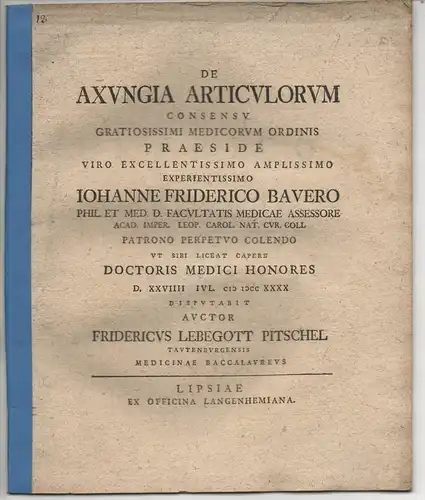 Pitschel, Friedrich Lebegott: Medizinische Dissertation. De axungia articulorum. 