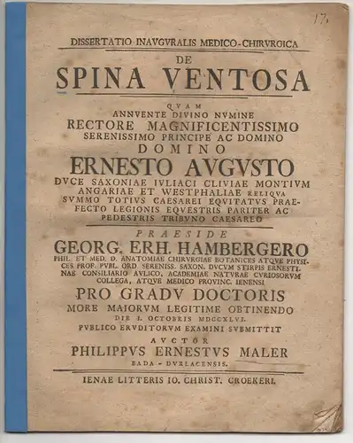 Maler, Philipp Ernst: aus Durlach: Medizinische Inaugural-Dissertation.De spina ventosa. 