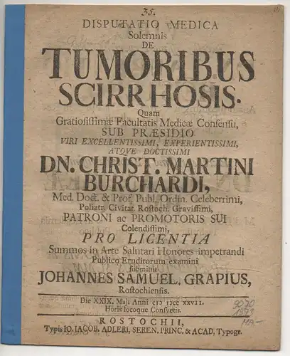 Grape, Johann Samuel: aus Rostock: Medizinische Disputation. De tumoribus scirrhosis. 