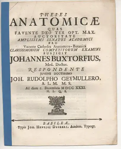 Geymuller, Johann Rudolf: Theses anatomicae. 