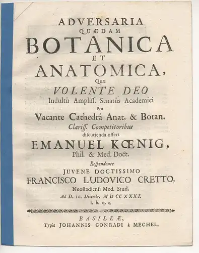 Crett, Franz Ludwig: aus Neustadt: Adversaria quaedam botanica et anatomica. 