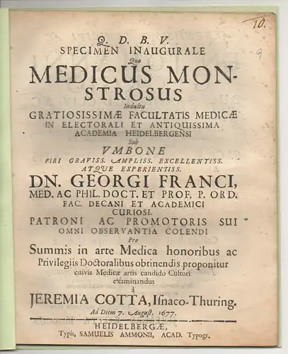 Cotta, Jeremias: aus Eisenach: Specimen inaugurale quo medicus monstrosus. 